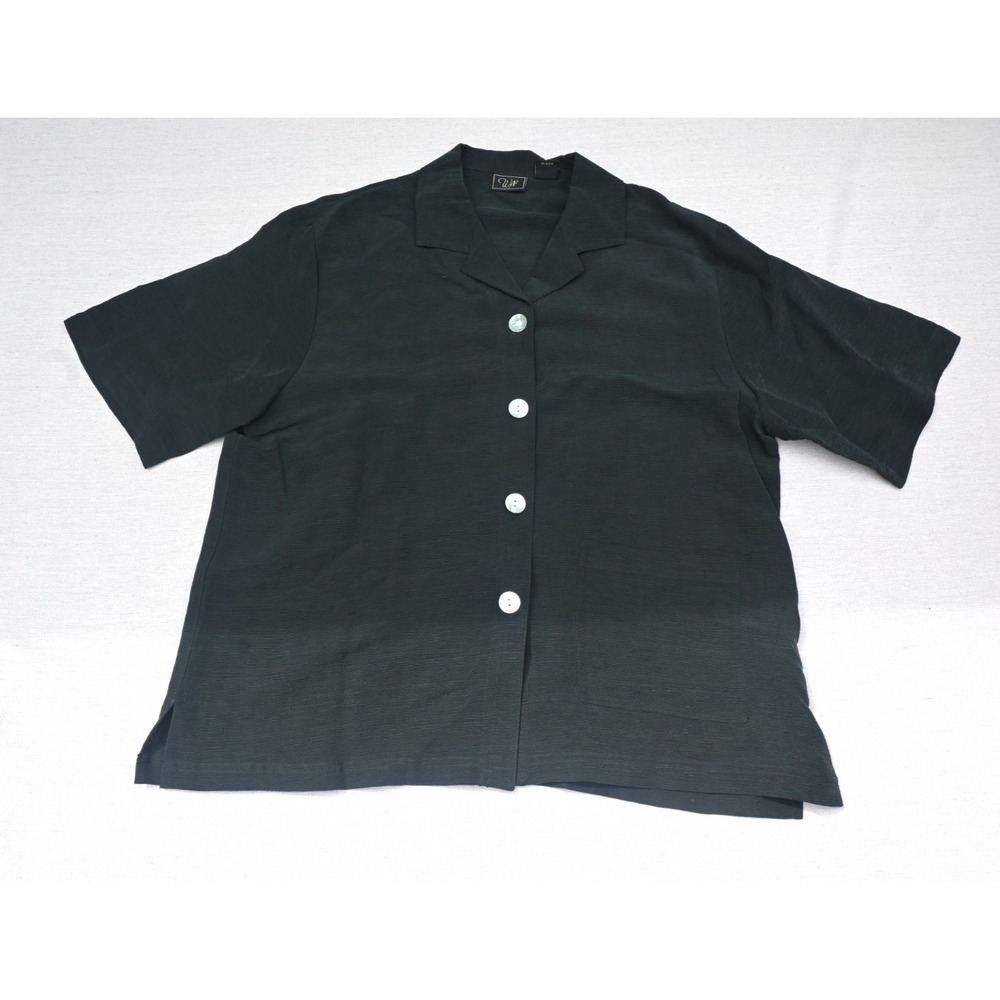 Womens XL Silk Linen Blouse Black Camp Collar Short Sleeve Relaxed Minimalist